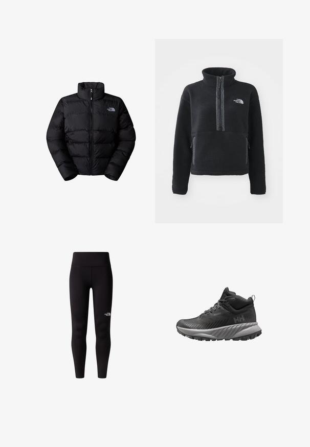 Chaqueta tipo puffer negra aislante con cuello alto, cierre de cremallera y paneles cosidos. Presenta un logo en el lado izquierdo del pecho. Textura suave.; Sudadera de polar negra con cuello alto, cremallera hasta el cuarto, bolsillo delantero y costuras de contraste. Presenta el logotipo de The North Face en el pecho.; Leggings negros con una cintura alta, hechos de una tela suave y elástica. Un pequeño logo blanco está ubicado en la parte inferior de la pierna.; Zapato de senderismo impermeable de altura media en color negro, con suela texturizada, cuello acolchado en el tobillo y logotipo "HH" en el lateral.
