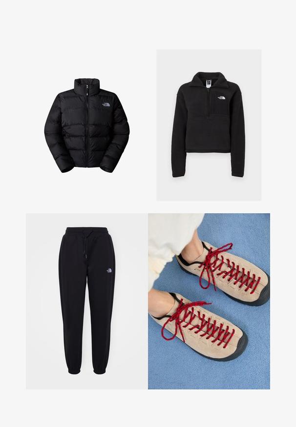 Schwarze isolierte Steppjacke mit hohem Kragen, Reißverschluss und gesteppten Paneelen. Mit Logo auf der linken Brust. Glatte Textur.; Schwarzer Fleece-Pullover mit Viertelreissverschluss, hohem Kragen und einer Brusttasche mit einem weißen Logo. Weicher Stoff und verkürzter Schnitt.; Schwarze Jogginghose mit elastischem Bund und Bündchen, Kordelzug, seitlichen Taschen und kleinem weißen The North Face-Logo am rechten Oberschenkel.; Beige Schuhe mit roten Schnürsenkeln, die auf einer blauen strukturierten Fläche positioniert sind und teilweise ein Fußgelenk einer Person zeigen. Die Schuhe haben ein sportliches Design.