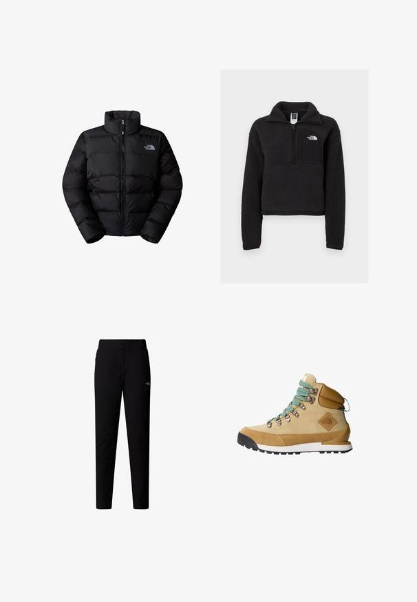 Sort isoleret puffjakke med høj krave, lynlås lukning og quiltede paneler. Har logo på venstre bryst. Glat tekstur.; Sort fleece pullover med en kvart lynlås, høj krave og en brystlomme med et hvidt logo. Blød tekstur og cropped design.; The North Face W QUEST SOFTSHELL PANTS - Bukser - tnf black; Tan vandrestøvle med overdel i ruskind og kanvas, turkise snørebånd, polstret krave og sort gummisål med et struktureret grebmønster.