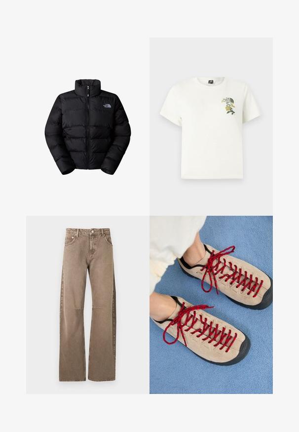 Sort isoleret puffjakke med høj krave, lynlås lukning og quiltede paneler. Har logo på venstre bryst. Glat tekstur.; Hvid bomuld T-shirt med korte ærmer. Indeholder grøn og gul blomsterbroderi på venstre bryst, inklusiv logo. Almindelig pasform.; Lysebrune, højtaljede jeans med lige ben, frontknapper og lynlås, for- og baglommer, vist på en hvid baggrund.; Beige sko med røde snørebånd, placeret på en blå tekstureret overflade, delvist synliggørende en persons ankel. Skoene har et sporty design.