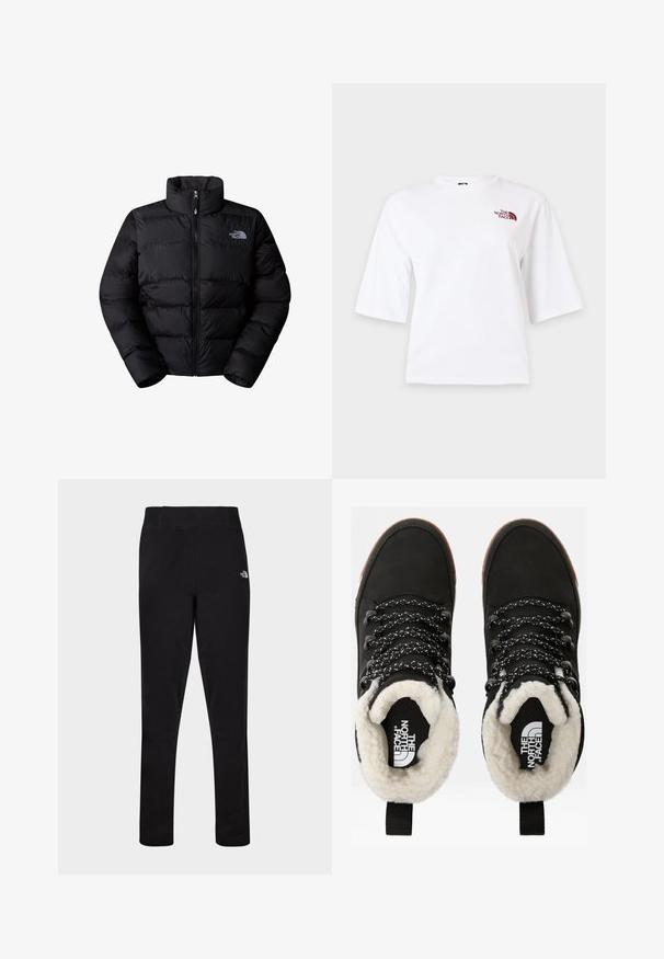 Chaqueta tipo puffer negra aislante con cuello alto, cierre de cremallera y paneles cosidos. Presenta un logo en el lado izquierdo del pecho. Textura suave.; Camiseta blanca de manga corta con cuello redondo y pequeño logo "The North Face" color burdeos en la parte superior izquierda del pecho.; Leggings atléticos ajustados negros con una cintura alta y pequeño logo blanco de The North Face en la parte superior del muslo izquierdo.; Botas de tobillo negras impermeables con forro de piel sintética, tejido texturizado, cordones con un patrón blanco y negro, y una lengüeta en el talón.