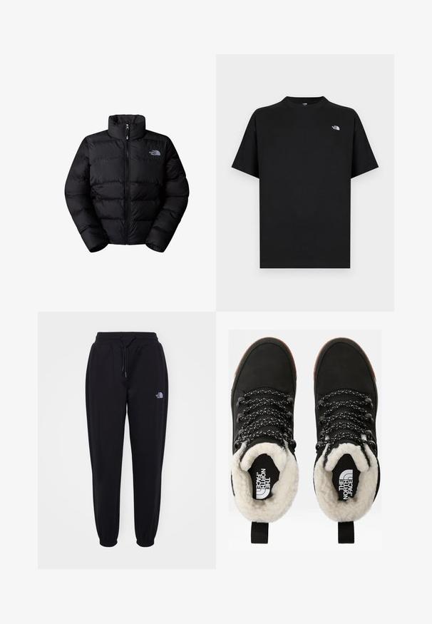 Doudoune noire isolée avec un col haut, fermeture éclair et panneaux cousus. Logo sur la poitrine gauche. Texture lisse.; T-shirt noir à manches courtes en coton avec un col rond. Présente un petit logo blanc sur la poitrine gauche et une coupe standard.; Pantalons de jogging noirs avec taille élastique et poignets, cordon de serrage, poches latérales et petit logo blanc The North Face sur la cuisse droite.; Bottes noires en cuir synthétique imperméables à la cheville, avec une doublure en fausse fourrure, un tissu texturé, des lacets à motifs noirs et blancs, et une languette au niveau du talon.