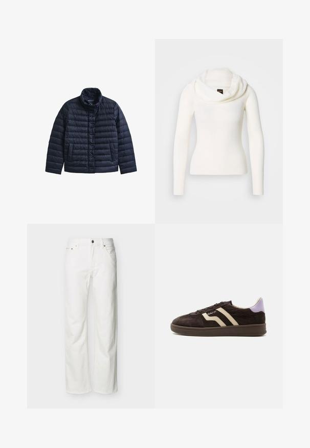 Chaqueta acolchada tipo puffer azul marino con cuello alto, cierre frontal de botones a presión y bolsillos laterales, confeccionada en un material ligero.; Suéter blanco de manga larga con cuello vuelto. Hecho de un tejido suave y texturizado. Presenta una silueta ajustada para un aspecto elegante.; Jeans blancos de pierna recta con bolsillos frontales, trabillas para cinturón, cierre de botón y costuras visibles sobre un fondo liso.; Zapatilla de pana marrón oscuro con rayas laterales beige, diseño con cordones, lengüeta morada en el talón y suela de goma sobre fondo blanco.