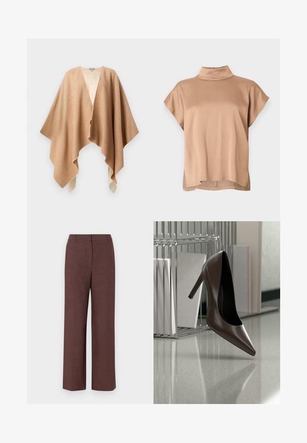 Poncho en mélange de laine beige avec une texture douce, présentant un col en V, un ourlet asymétrique et un motif rayé subtil le long des épaules.; Haut à manches courtes en tissu marron clair, doté d'un col montant, d'une coupe décontractée et d'un ourlet légèrement plus long au dos. Texture lisse.; Pantalons larges marron en tissu texturé avec une finition lisse, présentant un devant plat, des passants de ceinture et des poches latérales.; Chaussure en cuir marron foncé à talon haut flottant au-dessus d'un sol réfléchissant près d'une étagère métallique avec des panneaux blancs dans une pièce.