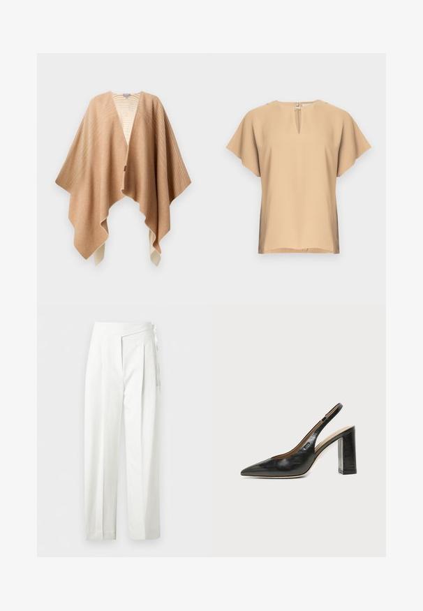 Poncho en mélange de laine beige avec une texture douce, présentant un col en V, un ourlet asymétrique et un motif rayé subtil le long des épaules.; Blouse beige avec un col en forme de goutte et des manches courtes et larges. Tissu lisse avec une coupe décontractée et un ourlet droit. Design minimaliste.; Pantalon blanc taille haute avec plis et détail de nœud sur le côté, coupe droite et fermeture cachée.; Chaussure slingback en cuir noir à bout pointu avec un talon bloc haut et une doublure intérieure beige sur un fond clair uni.