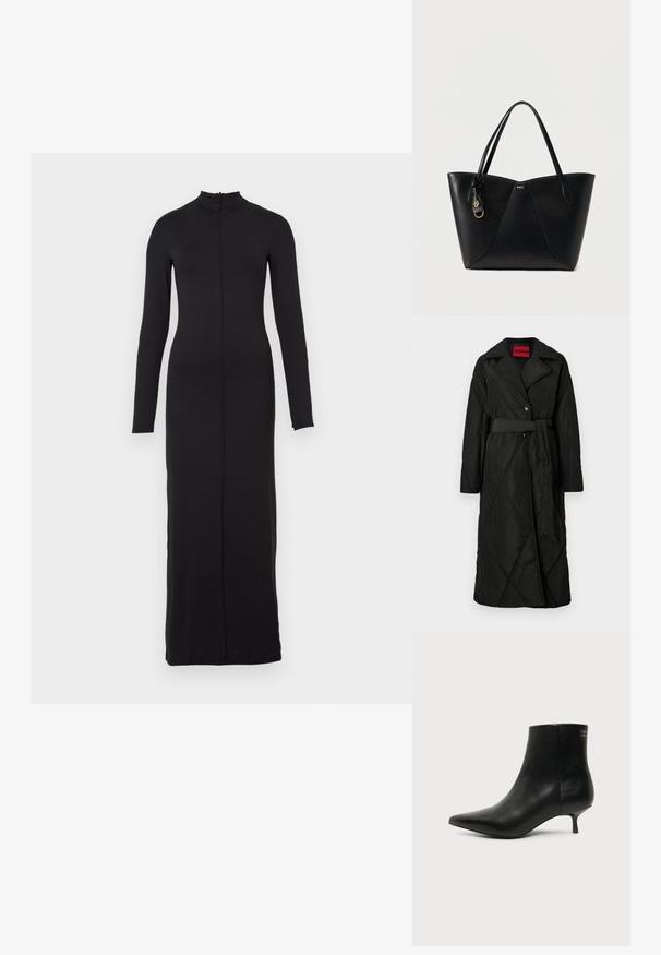 Manteau long noir matelassé avec large col, deux boutons et ceinture assortie nouée à la taille, étiqueté HUGO à l'intérieur du col.; Robe noire longue en tissu lisse avec un col haut, de longues manches et une fermeture éclair centrale du cou à l'ourlet. Design simple et ajusté.; Bottine en cuir noir avec bout pointu et petit talon kitten sur fond clair, vue côté extérieur.; Sac cabas en cuir noir avec double poignées, détails de coutures discrets, petit logo doré "BOSS" et étiquette en cuir attachée avec ferrures dorées.