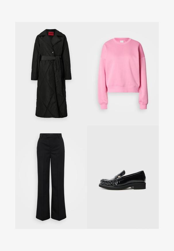 Lange zwarte gewatteerde jas met brede kraag, twee knopen en bijpassende riem die op de taille is gestrikt, met een HUGO-label in de kraag.; Roze cropped sweatshirt met een ronde hals, doorgezakte schouders en geribbelde manchetten. De stof oogt zacht met een gladde textuur.; Gina Tricot Tall STRAIGHT TROUSERS - Broek - black; Zwarte gepatineerde leren loafers met een decoratieve gathered rand, vlakke rubberen zool en een kleine metalen logo-accent op de band.