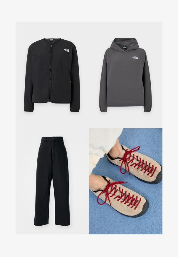 Sort lynlåsjakke med rund hals, der har The North Face-logoet i hvidt på venstre bryst. Letvægtsstof, lange ærmer, ingen mønstre.; Grå hættetrøje i fleece med en afslappet pasform, ribbede ærmegab og en lille hvid logo på venstre bryst. Blød tekstur og enkelt design.; Sorte højtaljede vid ben jeans med frontlommer og knaplukning, præsenteret mod en plain hvid baggrund.; Beige sko med røde snørebånd, placeret på en blå tekstureret overflade, delvist synliggørende en persons ankel. Skoene har et sporty design.