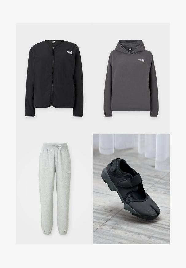 Sort lynlåsjakke med rund hals, der har The North Face-logoet i hvidt på venstre bryst. Letvægtsstof, lange ærmer, ingen mønstre.; Grå hættetrøje i fleece med en afslappet pasform, ribbede ærmegab og en lille hvid logo på venstre bryst. Blød tekstur og enkelt design.; Grå sweatpants med elastisk talje og snøre. Stoffet er blødt, og de har elastiske manchetter ved anklerne samt et logoaccent.; Nike sort atletisk sko med et delt tådesign, åndbare mesh-detaljer og en sikker rem, der har et blødt, tekstureret overmateriale.