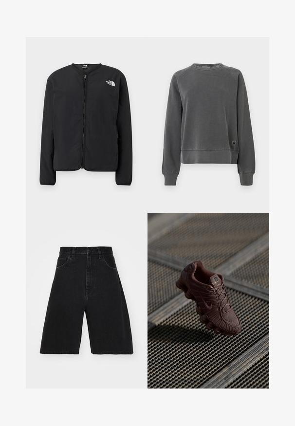 Sort lynlåsjakke med rund hals, der har The North Face-logoet i hvidt på venstre bryst. Letvægtsstof, lange ærmer, ingen mønstre.; Crewneck sweatshirt i mørkegrå stof med ribbede mansjetter og kant, samt et lille logo-patch på den nederste side. Blød tekstur.; Sorte denimshorts med høj talje og vidde ben, der har fem lommer og knaplukning. Glat tekstur med minimal falming.; Brun Nike sneaker med tekstureret mesh-overdel, karakteristisk buet sål og polstret krave, vist mod en mønstret baggrund.