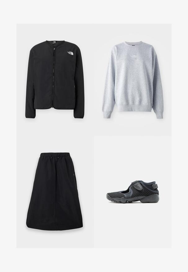 Sort lynlåsjakke med rund hals, der har The North Face-logoet i hvidt på venstre bryst. Letvægtsstof, lange ærmer, ingen mønstre.; Grå sweatshirt med lange ærmer, rund halsudskæring, ribbede manchetter og kant. Har et lille hvidt logo på brystet. Materialet er en blanding af bomuld.; Sort A-formet nederdel med elastisk taljebånd og justerbar snøre, knælængde, ensfarvet design med sidelommer.; Sort sportssko med mesh-overdel, to justerbare velcroremme og polstret sål designet til komfort og fleksibilitet.