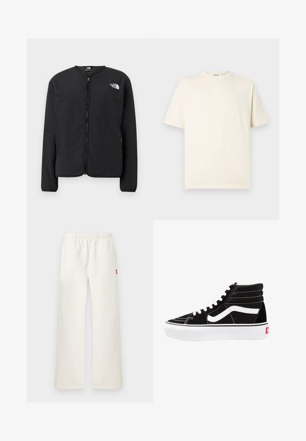 Veste noire à fermeture éclair sur le devant avec un col rond, arborant le logo The North Face en blanc sur la poitrine gauche. Tissu léger, manches longues, sans motifs.; T-shirt en coton crème à manches courtes, col rond, avec un petit logo sur le devant. Design simple, texture douce, et coupe décontractée.; Pantalon droit de couleur blanc cassé avec taille élastique et petite écusson rouge sur le côté droit, présenté sur un fond clair uni.; Baskets montantes noires avec des lacets blancs, un logo blanc et des coutures blanches contrastées. Dotées d'une épaisse semelle blanche et d'un dessus en daim texturé.