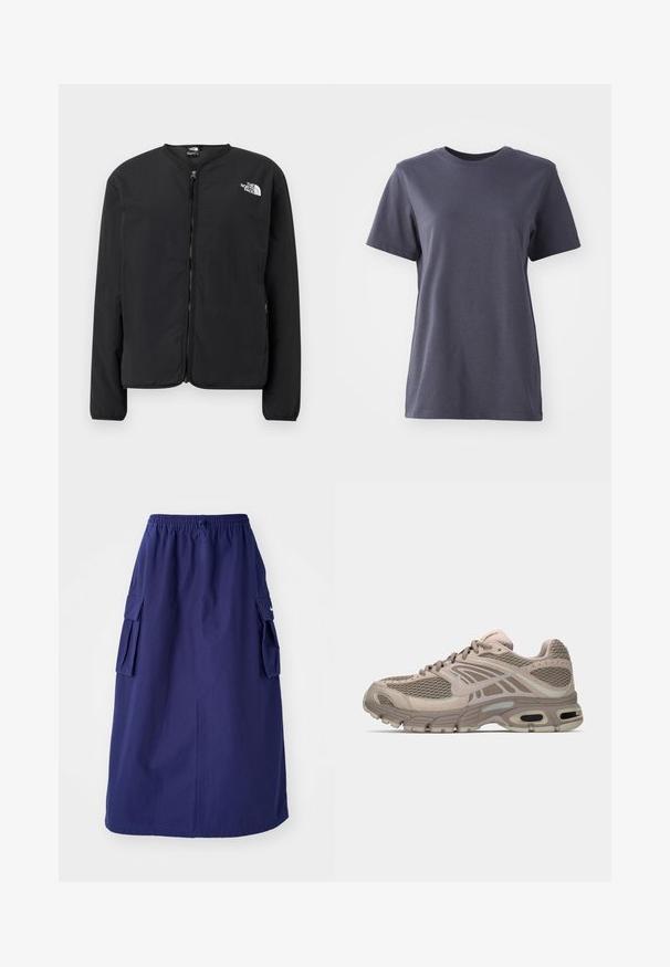 Sort lynlåsjakke med rund hals, der har The North Face-logoet i hvidt på venstre bryst. Letvægtsstof, lange ærmer, ingen mønstre.; Kortærmet t-shirt i mørkegrå bomuld, rund hals, glat tekstur, lige kant, ingen synlige mønstre eller hardware-detaljer.; Marineblå, mellemlang nederdel med elastisk talje, der har to sidelommer og et minimalistisk logodesign. Glat stofstruktur.; Beige sportssko med mesh-overdel, formede detaljer, rund tå og synlig luftdækning i sålen. Snørebånd i neutral farve.