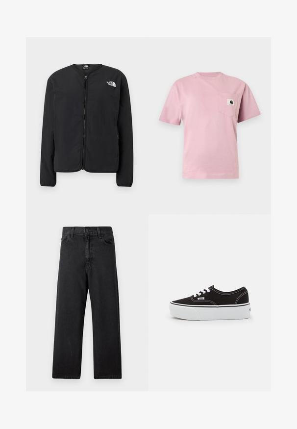 Zwarte zip-front jas met een ronde halslijn, met het witte The North Face-logo op de linkerkant van de borst. Lichtgewicht stof, lange mouwen, geen patronen.; Lichtroze T-shirt met korte mouwen en een borstzakje aan de linkerkant met een klein Carhartt-logo.; Zwarte denim jeans met een hoge taille, rechte pijpen, vijfzakkenontwerp en een klassieke knoopsluiting aan de voorkant. Zachte, gestructureerde stof.; Zwarte canvas sneaker met een witte rubberen platformzool, voorzien van witte veters en stiksels, iconische branding op de zijkant, low-top ontwerp.