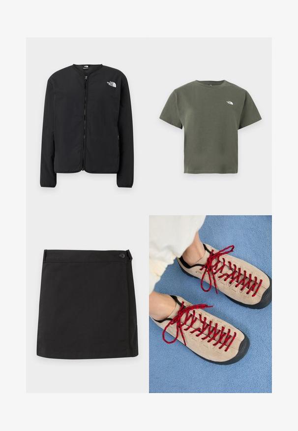 Sort lynlåsjakke med rund hals, der har The North Face-logoet i hvidt på venstre bryst. Letvægtsstof, lange ærmer, ingen mønstre.; Olivengrøn bomuld t-shirt med korte ærmer, rund hals og en lille hvid logo på venstre bryst. Glat tekstur og afslappet pasform.; Sort bomulds mininederdel med sidelukning med knapper og lige kant, vist fladt på hvid baggrund.; Beige sko med røde snørebånd, placeret på en blå tekstureret overflade, delvist synliggørende en persons ankel. Skoene har et sporty design.