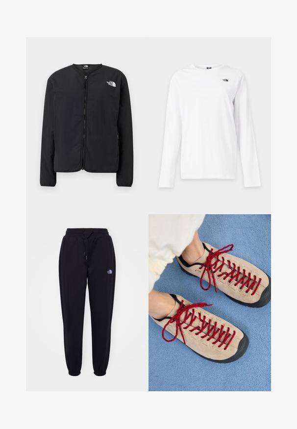 Čierna bunda s predným zipsom a okrúhlym výstrihom, s logom The North Face v bielej farbe na ľavej hrudi. Ľahký materiál, dlhé rukávy, bez vzorov.; Biele tričko s dlhým rukávom a okrúhlym výstrihom s malým čiernym logom The North Face na ľavej strane hrudníka.; Čierne športové nohavice s elastickým pásom a manžetami, sťahovacou šnúrkou, postrannými vreckami a malým bielym logom The North Face na pravej stehne.; Béžové topánky s červenými šnúrkami sú položené na modrej textúrovanej ploche, pričom čiastočne odhaľujú členok osoby. Topánky majú športový dizajn.