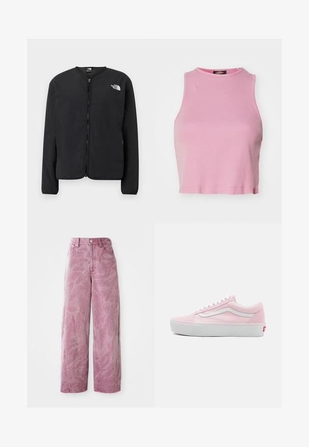 Sort lynlåsjakke med rund hals, der har The North Face-logoet i hvidt på venstre bryst. Letvægtsstof, lange ærmer, ingen mønstre.; Rosa ribbet crop top med rund halsudskæring og ærmeløs design. Har en kant, der slutter lige over taljen.; Rosa bredde ben jeans med høj talje, med en falmet, tekstureret finish, knaplukning og sidelommer.; Pink lærreds sneakers med hvide detaljer, flade snørebånd og en hvid gummisål. Har et klassisk low-top design og et logo på siden.