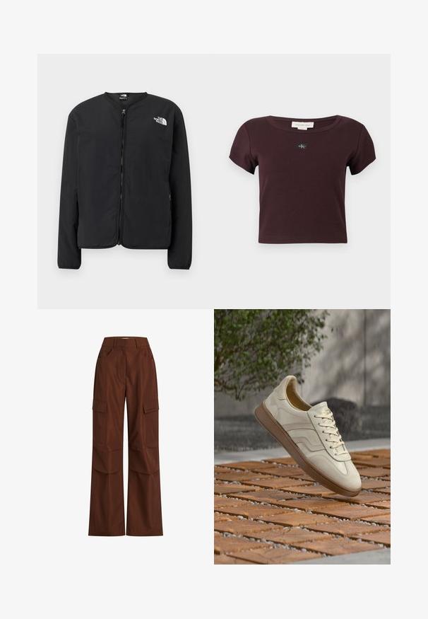 Zwarte zip-front jas met een ronde halslijn, met het witte The North Face-logo op de linkerkant van de borst. Lichtgewicht stof, lange mouwen, geen patronen.; Korte mouwen, bordeauxrode cropped t-shirt gemaakt van geribd stof. Voorzien van een zwart Calvin Klein Jeans-logo op de borst. Ronde halslijn.; Bruine cargo broek met wijde pijpen, meerdere zijvakken, een hoge taille en stevig katoen met een gladde textuur.; Sneaker in roomkleur met een gestructureerde beige rubberen zool, vetersluiting en subtiele merkdetails aan de zijkant. Bovenwerk van glad leer.