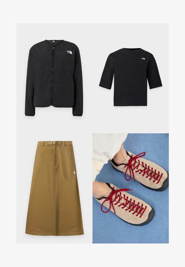 Veste noire à fermeture éclair sur le devant avec un col rond, arborant le logo The North Face en blanc sur la poitrine gauche. Tissu léger, manches longues, sans motifs.; T-shirt noir à manches courtes col rond avec petit logo blanc The North Face sur la partie supérieure gauche de la poitrine sur un fond clair.; Jupe longue extérieure beige avec poches avant, ceinture intégrée et logo The North Face sur le côté droit.; Des chaussures beiges avec des lacets rouges, posées sur une surface bleue texturée, révèlent partiellement la cheville d'une personne. Les chaussures ont un design sportif.