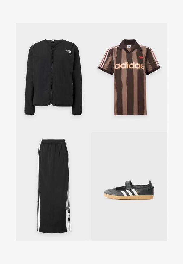 Čierna bunda s predným zipsom a okrúhlym výstrihom, s logom The North Face v bielej farbe na ľavej hrudi. Ľahký materiál, dlhé rukávy, bez vzorov.; Hnedé prúžkované polo tričko Adidas s výstrihom do V, bordovým golierom a červeným logom. Má bielo-červené pruhy na ramenách a krátke rukávy.; Čierna dlhá športová sukňa s bielymi bočnými panelmi a čiernymi pruhmi, elastickým pásom a nášivkou s logom Adidas pri spodnom okraji.; Čierne kožené a zamšové tenisky s Velcro pásikom, s tromi bielymi pruhmi a gumenou podrážkou, označené nápisom "SAMBA" na boku.