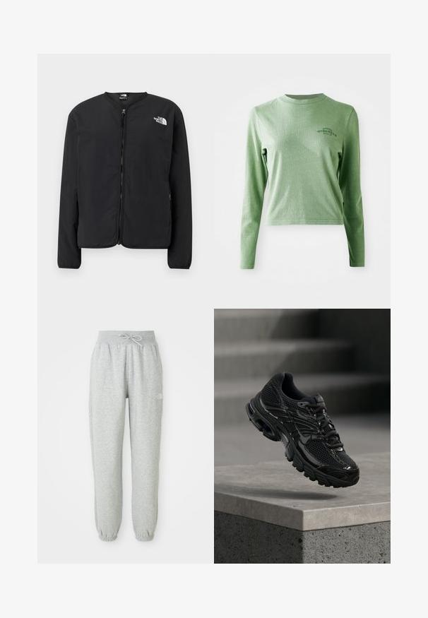Sort lynlåsjakke med rund hals, der har The North Face-logoet i hvidt på venstre bryst. Letvægtsstof, lange ærmer, ingen mønstre.; Lys grøn langærmet t-shirt lavet af blødt bomuld, med en rund halsudskæring og et lille trykt logo på øverste venstre side.; Grå sweatpants med elastisk talje og snøre. Stoffet er blødt, og de har elastiske manchetter ved anklerne samt et logoaccent.; Sort Nike løbesko med mesh og syntetisk overdel, der svæver over en betonoverflade og trin i baggrunden.