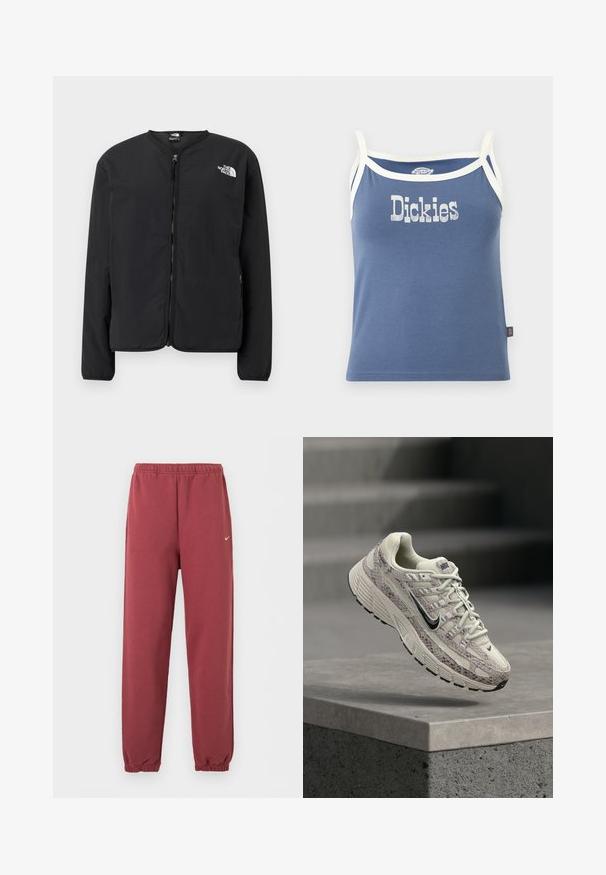 Čierna bunda s predným zipsom a okrúhlym výstrihom, s logom The North Face v bielej farbe na ľavej hrudi. Ľahký materiál, dlhé rukávy, bez vzorov.; Modrý tielkový top bez rukávov s bielym lemom a nápisom "Dickies" v bielej farbe na hrudi, s malou značkovou visačkou na boku.; Bordové elastické tepláky s malým bielym logom Nike na pravom stehne.; Béžovo-hnedá bežecká obuv Nike s hadím vzorom, čiernym logom a hrubou podrážkou, zavesená nad betónovým povrchom so schodmi v pozadí.