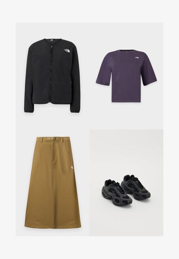 Čierna bunda s predným zipsom a okrúhlym výstrihom, s logom The North Face v bielej farbe na ľavej hrudi. Ľahký materiál, dlhé rukávy, bez vzorov.; Tmavofialové tričko s krátkym rukávom a okrúhlym výstrihom s bielym logom The North Face na ľavej strane hrudníka.; Dlhá, opálená vonkajšia sukňa s prednými vreckami, integrovaným opaskom a logom The North Face na pravej strane.; Čierne tenisky Nike s panelmi z sieťoviny a semišu, unikátnymi výrezmi a vypolstrovanými goliermi. Lesklé akcenty na stranách zdôrazňujú moderný dizajn.