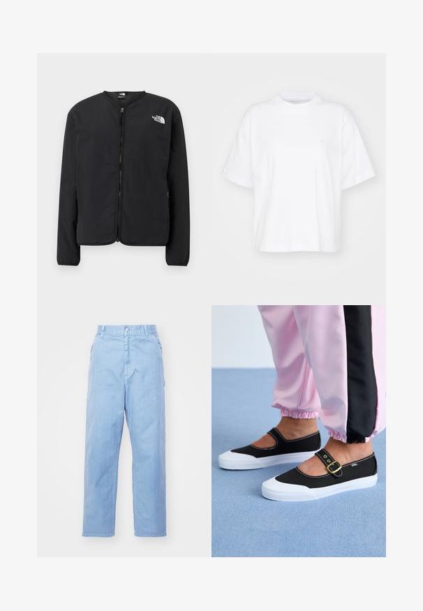 Sort lynlåsjakke med rund hals, der har The North Face-logoet i hvidt på venstre bryst. Letvægtsstof, lange ærmer, ingen mønstre.; Hvid bomulds t-shirt med rund hals, korte ærmer og en afslappet pasform. Har et diskret logo på venstre brystområde. Glat tekstur.; Lyseblå denimbukser med lige ben-design, knaplukning og forlommer. Stof har en subtil tekstur med en glat finish.; Sorte lærredssko med en hvid sål, der har et udskæringsdesign og et guldspænde. Bæret med lyserøde træningsbukser.