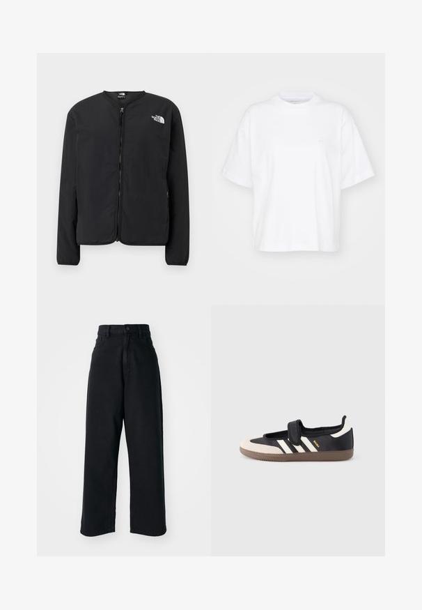 Sort lynlåsjakke med rund hals, der har The North Face-logoet i hvidt på venstre bryst. Letvægtsstof, lange ærmer, ingen mønstre.; Hvid bomulds t-shirt med rund hals, korte ærmer og en afslappet pasform. Har et diskret logo på venstre brystområde. Glat tekstur.; Sorte højtaljede vid ben jeans med frontlommer og knaplukning, præsenteret mod en plain hvid baggrund.; Sort og beige sko med velcrolukning, tre hvide striber på siden og en tekstureret brun gummisål. Mærkelogo er synligt.
