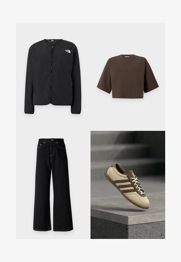 Čierna bunda s predným zipsom a okrúhlym výstrihom, s logom The North Face v bielej farbe na ľavej hrudi. Ľahký materiál, dlhé rukávy, bez vzorov.; Krátky rukáv, krátka tmavohnedá mikina s okrúhlym výstrihom a voľným strihom, zobrazená na jednoduchom svetlom pozadí.; Čierne široké nohavice vyrobené z denimu, s kontrastným žltým prešívaním, piatimi vreckami a zapínaním na gombík v páse.; Béžová a hnedá tkaná teniska s tromi pruhmi a bielymi šnúrkami, ktorá pláva nad betónovým okrajom so schodmi v pozadí.