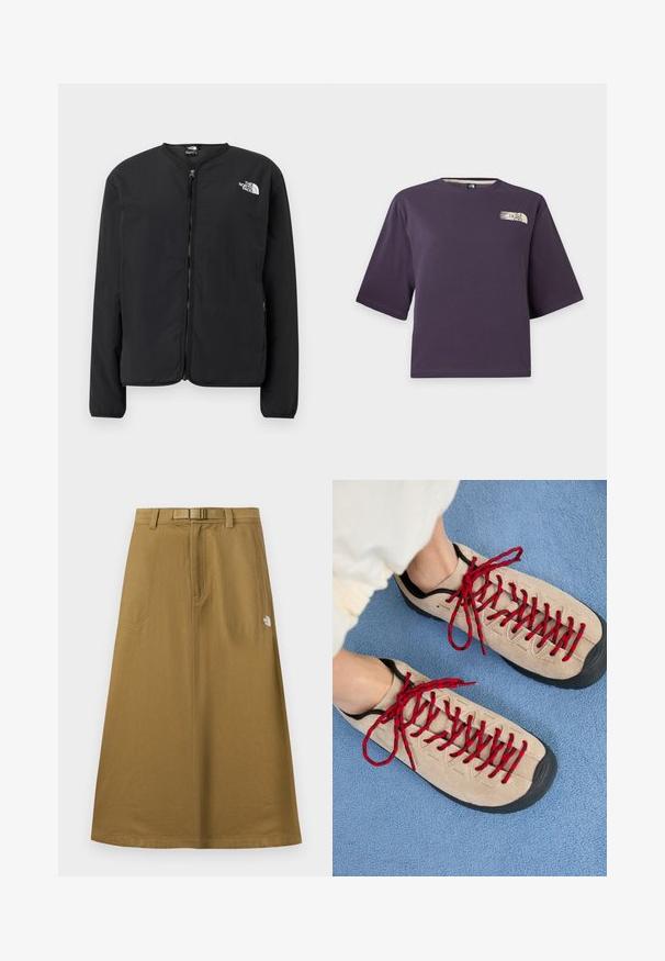 Sort lynlåsjakke med rund hals, der har The North Face-logoet i hvidt på venstre bryst. Letvægtsstof, lange ærmer, ingen mønstre.; Lilla kortærmet croppet t-shirt med en lille beige The North Face-logo på øverste venstre bryst.; Lang, lysebrun udendørsskjørt med forlommer, integreret bælte og The North Face-logo på højre side.; Beige sko med røde snørebånd, placeret på en blå tekstureret overflade, delvist synliggørende en persons ankel. Skoene har et sporty design.