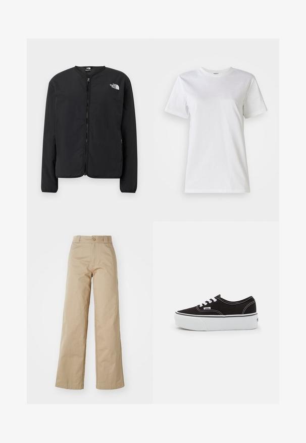 Sort lynlåsjakke med rund hals, der har The North Face-logoet i hvidt på venstre bryst. Letvægtsstof, lange ærmer, ingen mønstre.; Hvid bomulds t-shirt med rund hals og korte ærmer. Stoffet er glat med en blød tekstur og uden synlige mønstre eller detaljer.; Beige brede bukser lavet af bomuld, med knaplukning og bælteholder, med en glat tekstur og ren finish.; Sort lærred sneakers med en hvid gummi platform sål, der har hvide snørebånd og syninger, ikonisk branding på siden, lav-top design.