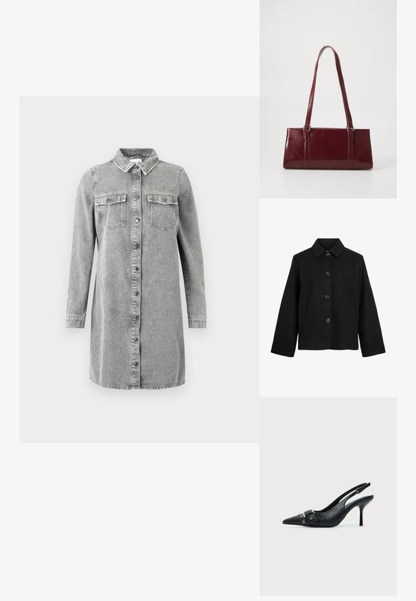 Veste en laine noire avec col classique, manches longues, fermeture boutonnée devant et poches latérales, présentée sur fond blanc.; Robe chemise en jean gris avec col, manches longues, fermeture à boutons sur le devant et deux poches poitrine. Présente une coupe décontractée et droite.; Escarpin slingback à talon haut en cuir noir avec bout pointu, boucle et détail de bride œillet à l'avant.; Sac à main bordeaux en matériau brillant, de forme rectangulaire, avec deux anses et des accents légèrement courbés à l'avant.