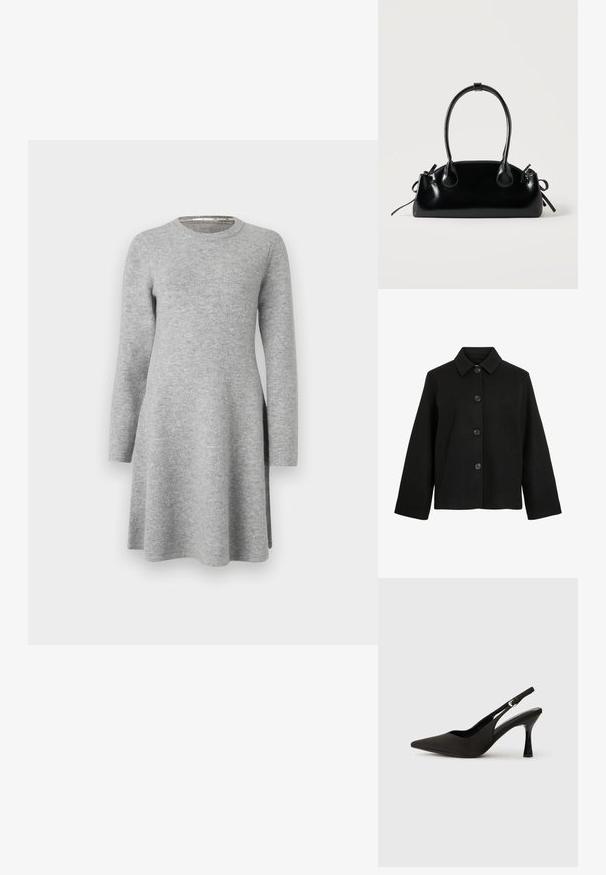 Chaqueta de lana negra con cuello clásico, mangas largas, cierre frontal con botones y bolsillos laterales, mostrada sobre un fondo blanco.; Vestido largo gris de manga larga hecho de una tela suave; presenta un escote redondo y un corte relajado, con un leve aumento en el dobladillo y aberturas laterales.; Zapatos de tacón negro tipo slingback con puntera afilada, acabado mate suave y un tacón delgado y brillante. Correa ajustable con detalle de hebilla pequeña.; Pequeño bolso negro brillante con dos asas largas y detalles de cordón lateral sobre un fondo claro liso.