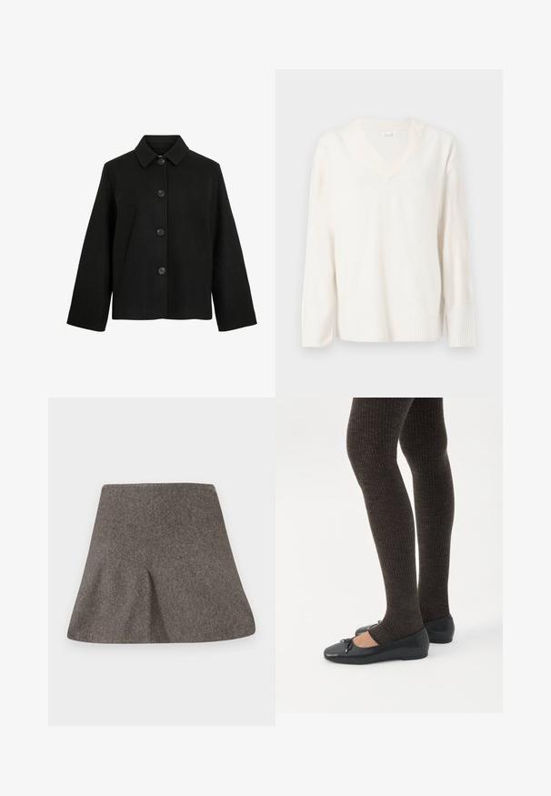 Veste en laine noire avec col classique, manches longues, fermeture boutonnée devant et poches latérales, présentée sur fond blanc.; Pull over blanc à col en V fait en tissu tricoté doux, avec des manches longues dotées de poignets côtelés et un ourlet côtelé. Design minimaliste sans motifs.; Jupe A-line en laine grise avec une large ceinture et une légère texture, posée à plat sur un fond blanc.; Jambes portant des leggings côtelés foncés associés à des ballerines noires avec de petits détails en nœud sur fond blanc.
