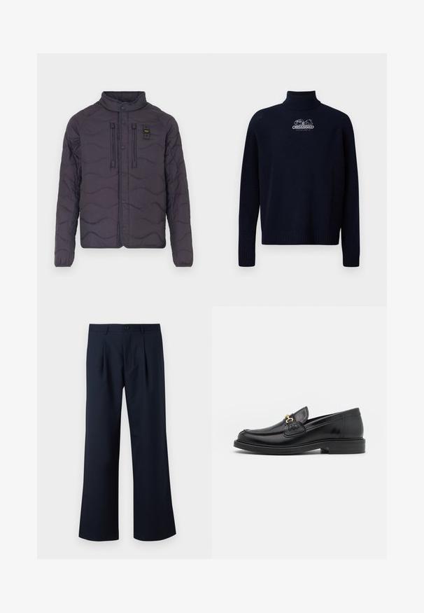 Chaqueta morada acolchada con un patrón de olas, cierre de botones a presión y un cuello alto. Cuenta con dos bolsillos frontales y costuras decorativas.; Iceberg MAGLIA LUPETTO - Jersey de punto - blu scurissimo; Pantalones azul marino con un ajuste ajustado, diseño de pierna ancha, pliegues frontales y cierre de botón único en la cintura. Textura de tela suave.; Mocasines de cuero negro con punta redondeada, que cuentan con un detalle de herrajes dorados y costuras, situados sobre una suela de goma texturizada y baja.