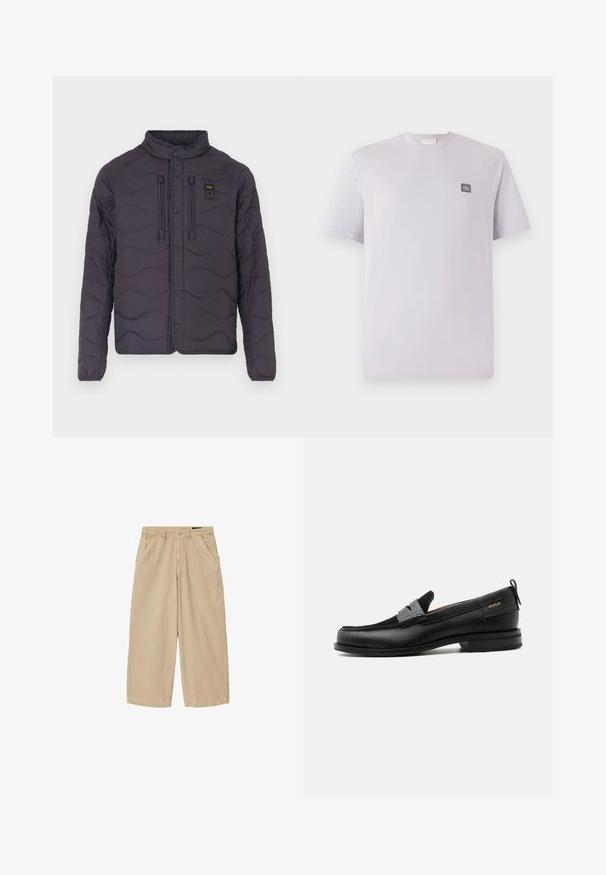 Chaqueta morada acolchada con un patrón de olas, cierre de botones a presión y un cuello alto. Cuenta con dos bolsillos frontales y costuras decorativas.; Camiseta de manga corta en lavanda claro, hecha de algodón, con cuello redondo y un pequeño parche de logo oscuro en el lado izquierdo del pecho. Textura suave.; Pantalones beige de pierna ancha y corte cropped con trabillas para cinturón, cierre frontal con botones, cremallera y bolsillos delanteros inclinados sobre fondo blanco.; Mocasín de cuero negro con detalle de tira gris, tacón bajo y suela texturizada, con la marca "HUGO" en oro en el lateral.
