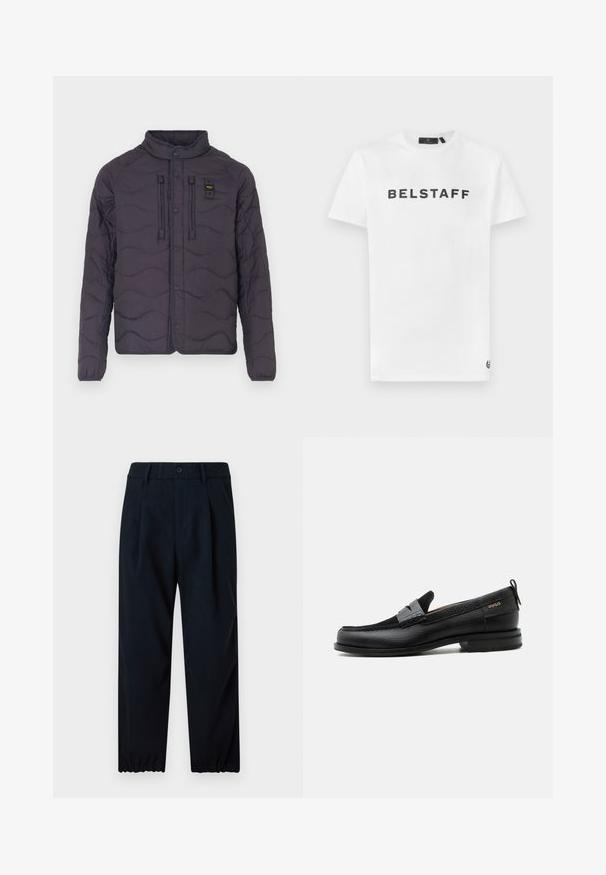 Padded paarse jas met een golfpatroon, drukknopen sluiting en een hoge kraag. Beschikt over twee voorzakken en accentstiksels.; Witte katoenen t-shirt met een zwart 'BELSTAFF' logo op de voorkant. Klassieke ronde hals en korte mouwen met een klein logo detail op de zoom.; Marineblauwe broek van gladde stof, voorzien van een aansluitende taille met elastiek en een taps toelopende pijp met elastische manchetten bij de enkels.; Zwarte leren loafer met grijs riemdetailelement, lage hak en gestructureerde zool, aan de zijkant gebrandmerkt met "HUGO" in goud.