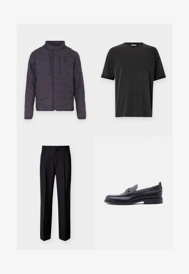 Padded paarse jas met een golfpatroon, drukknopen sluiting en een hoge kraag. Beschikt over twee voorzakken en accentstiksels.; Zwarte korte mouwen t-shirt met een ronde hals, relaxte pasvorm en opgerolde mouwen. Gemaakt van zacht katoen met een lichte textuur.; Zwarte, op maat gemaakte broek met rechte pasvorm, geplooide voorkant en zijzakken. Gemaakt van een gladde, lichtgewicht stof met een effen patroon.; Zwarte leren loafer met grijze, gestructureerde vamp, zilveren metalen gesp, lage hak en trekkoord aan de achterkant.