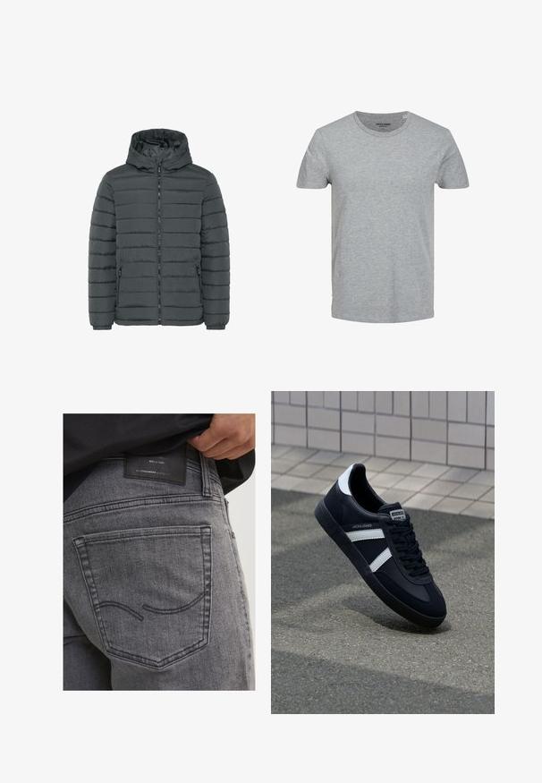 Veste matelassée gris foncé avec capuche, fermeture éclair sur le devant, deux poches latérales zippées, poignets élastiques et coutures horizontales.; T-shirt gris à manches courtes en coton doux. Doté d'un col ras du cou classique et d'une coupe régulière. Design simple sans motifs ni accents.; Jeans en denim gris avec une poche arrière ornée de coutures courbes et une patch en cuir noir affichant les informations de la marque et les détails de fabrication.; Sneaker en cuir noir avec des rayures blanches, semelle en caoutchouc texturée et devant à lacets. Présente une étiquette de marque sur la languette.