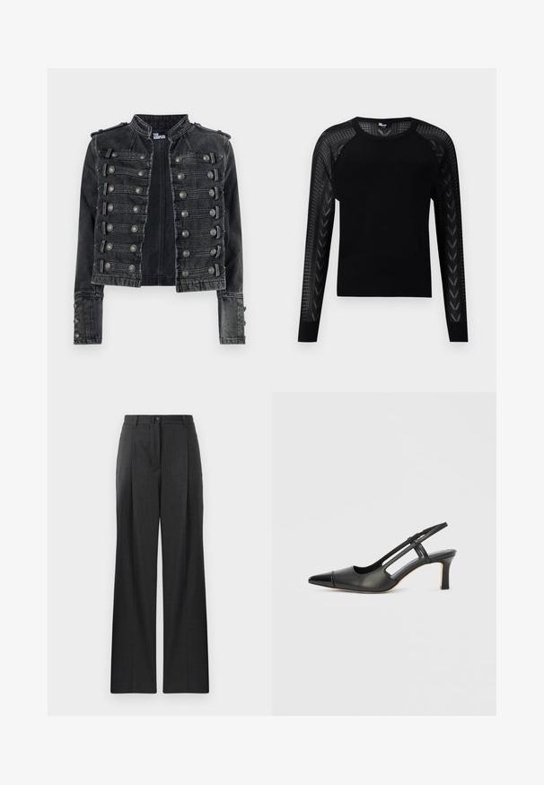 Chaqueta vaquera negra cortada estilo militar con detalles de botones metálicos y cuello alto, con la marca The Kooples en el interior.; Suéter negro con textura acanalada, mangas largas con detalles de panel transparente y cuello redondo para un look moderno.; Pantalones grises a rayas con un diseño de pierna recta, que cuentan con un cierre de botón y pliegues en la parte delantera. Fabricados con un material suave.; Zapato slingback de cuero negro con punta afilada, con un acento brillante en la puntera y un tacón de altura media. Diseño con lateral abierto.