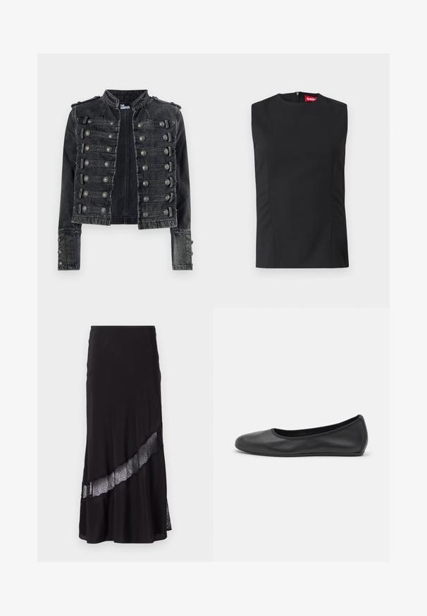 Chaqueta vaquera negra cortada estilo militar con detalles de botones metálicos y cuello alto, con la marca The Kooples en el interior.; Top negro sin mangas con cuello alto, pinzas en el frente y una cremallera invisible en la parte posterior. Está hecho de una tela suave con un ajuste estructurado.; Falda negra de tela suave, con un inserto de encaje diagonal en el dobladillo. Diseño acampanado con un ligero brillo.; Bailarina de piel negra con punta redondeada, textura suave, detalle de costura minimalista y diseño de suela flexible.