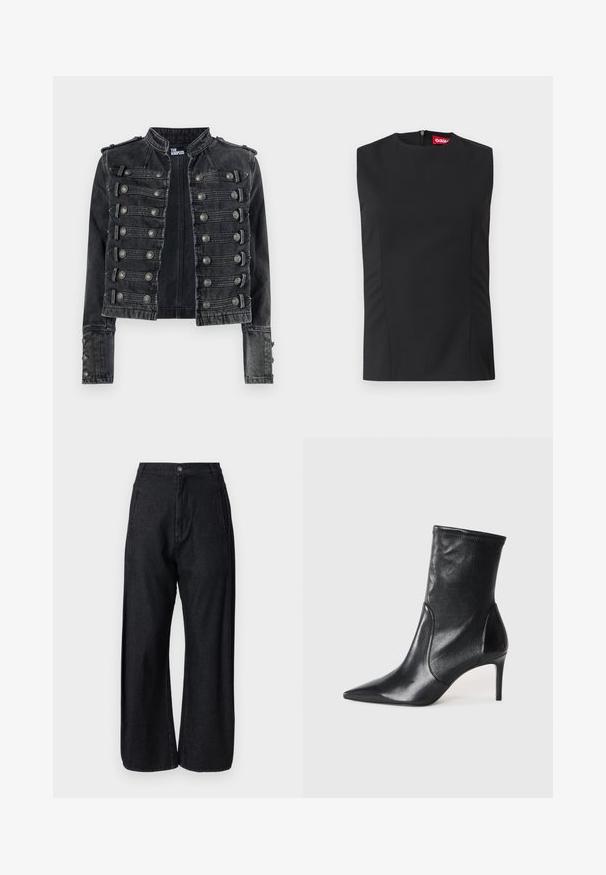 Zwarte cropped denim jas in militaire stijl met metalen knoopdetails en een opstaande kraag, aan de binnenkant merk The Kooples.; Zwart mouwloos topje met hoge hals, voorste naden en een onzichtbare rits aan de achterkant. Gemaakt van gladde stof met een gestructureerde pasvorm.; Henrik Vibskov SHADE PANTS - Wide leg - dark denim; Zwarte enkelboots van soepel leer, met een spitse neus, een aangesloten schacht en een slanke hoge hak. Minimalistisch ontwerp zonder zichtbare hardware.