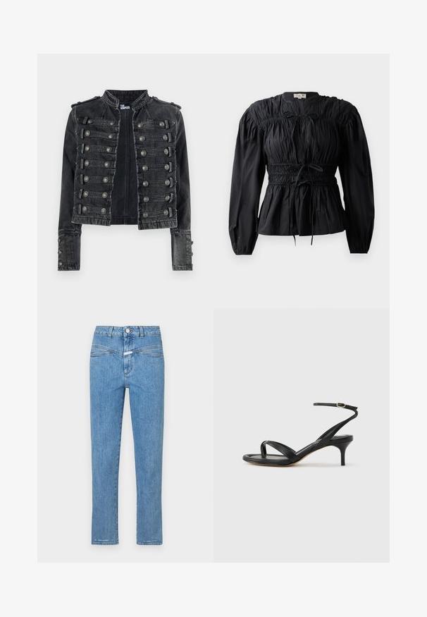 Sort cropped militærstil denimjakke med metalliske knapdetaljer og en stående krave, mærket indvendigt som The Kooples.; Sort bluse med lange ærmer, rynket stof, smocket talje og bindedetalje, med rund halsudskæring og glat overflade.; Lysblå denimjeans med lige ben, fem lommer og knaplukning. Har en let falmet overflade og minimal syning.; Sort damesandal i læder med tynde remme, en tå-loop, ankelspænde og en mellemhøj stiletthæl på en neutral baggrund.