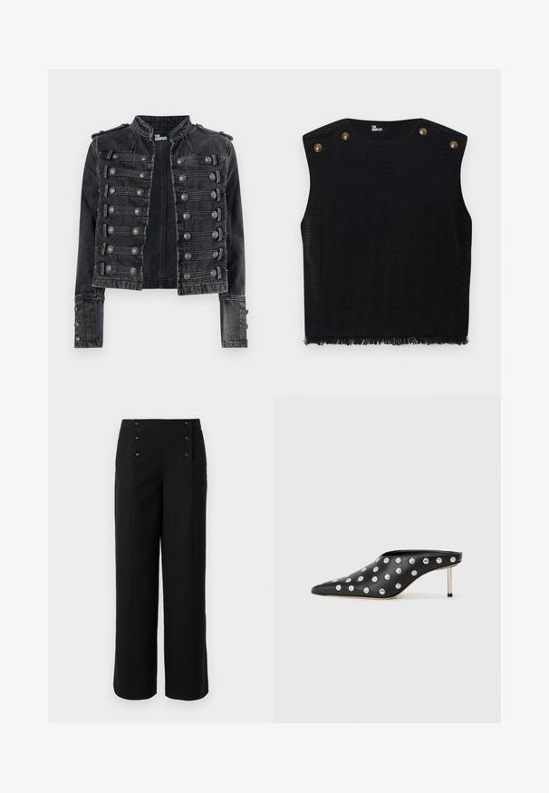 Zwarte cropped denim jas in militaire stijl met metalen knoopdetails en een opstaande kraag, aan de binnenkant merk The Kooples.; Zwarte mouwloze top van een gestructureerde stof, met een rafelige zoom en twee goudkleurige knopen op de schouder. Geen opvallende patronen.; Zwarte wijde broek van gladde stof, met een hoge taille en vijf knopen aan de voorkant voor sluiting. Elegant, op maat gemaakt ontwerp.; STAND STUDIO KELSEY - Muiltjes met hak - black