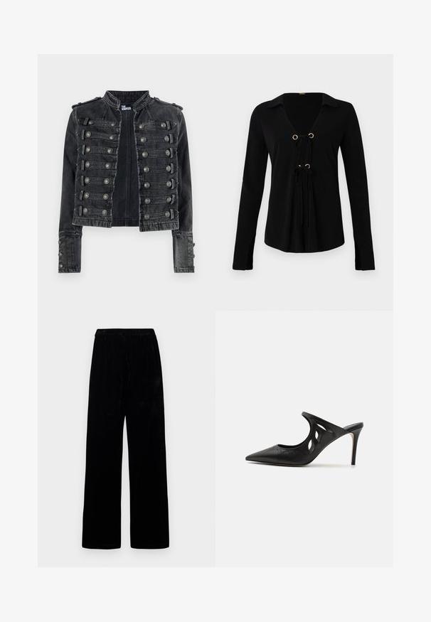 Sort cropped militærstil denimjakke med metalliske knapdetaljer og en stående krave, mærket indvendigt som The Kooples.; Sort langærmet skjorte med V-hals, gyldne øskner og justerbare snore foran. Lavet af blødt stof med en glat tekstur.; Sorte brede bukser med elastisk talje og blødt fløjl, præsenteret mod en ensfarvet lys baggrund.; Sorte læder højhælede mules med spids tå, udskåret sideskærm og glat tekstur. Stiletthæl og subtil syning.