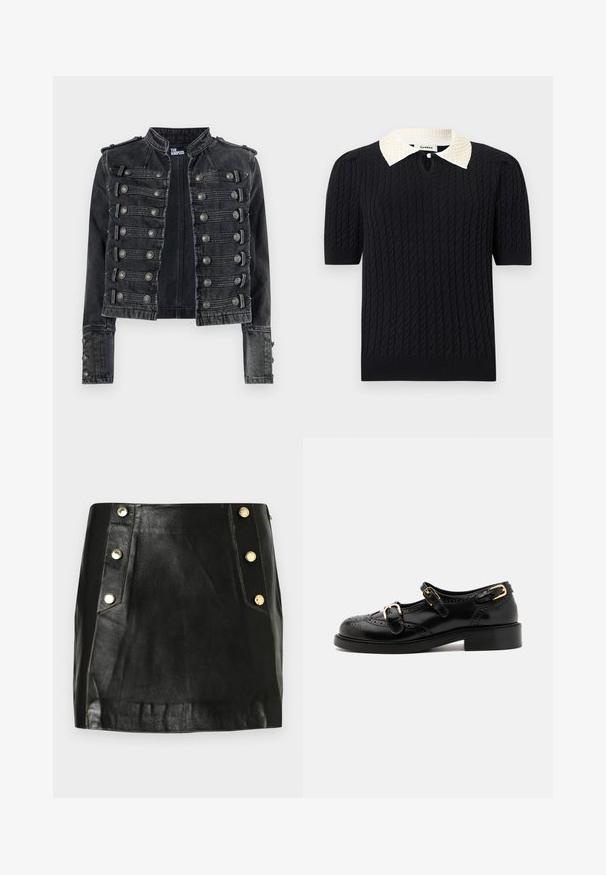 Schwarze, kurz geschnittene Denimjacke im Military-Stil mit metallischen Knopfdetails und Stehkragen, innen mit The Kooples gebrandet.; Schwarzes, kurzärmeliges Strickoberteil mit Zopfmuster, ausgestattet mit einem weißen, spitzen Kragen, der mit Perlen verziert ist, und einem kleinen vorderen Schlüsselloch-Knopf.; Schwarzer Leder-Minirock mit taillierter Passform, ausgestattet mit goldfarbenen Knöpfen auf einer Seite und sichtbaren Nähdetails. Glatte Textur.; Schwarze Lederschuhe mit Broguedetails, ausgestattet mit zwei Schnallenriemen, einer abgerundeten Zehenpartie und einem flachen Absatz. Glatte Textur mit glänzendem Finish.