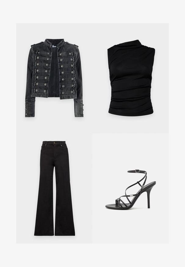 Zwarte cropped denim jas in militaire stijl met metalen knoopdetails en een opstaande kraag, aan de binnenkant merk The Kooples.; Zwarte mouwloze top met asymmetrische halslijn, voorzien van geraffineerde stof voor textuur en een aansluitende silhouet. Glad, rekbaar materiaal.; Zwarte flare-jeans van denim met een hoge taille, voorzien van voorzakken en metalen hardware op de knoop en klinknagels.; Zwarte hoge hakken sandaal met dunne banden, een enkelgesp, een gladleren oppervlak en een slanke stilettohak.