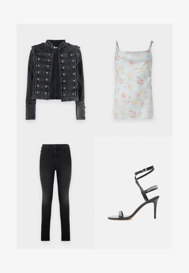 Zwarte cropped denim jas in militaire stijl met metalen knoopdetails en een opstaande kraag, aan de binnenkant merk The Kooples.; Rabanne Top - pink/blue/green/yellow; Zwarte hoge taille skinny jeans met lichte vervaging op de dijen, vijf-pocket ontwerp, knoop- en ritssluiting, plat gelegd op een witte achtergrond.; Zwarte sandaal met hoge hak, smalle enkelband, middenvoetband versierd met zilveren schakels en een open teenontwerp.