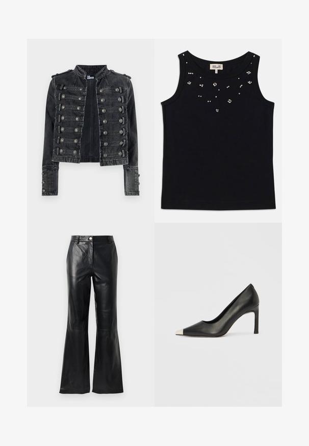 Chaqueta vaquera negra cortada estilo militar con detalles de botones metálicos y cuello alto, con la marca The Kooples en el interior.; Top negro sin mangas con cuello redondo, adornado con elementos plateados dispersos en la parte delantera. Fabricado con una tela suave.; Pantalones de imitación cuero negro con una cintura alta, cierre de botón, presillas para cinturón y piernas acampanadas sobre un fondo blanco.; Zapato de tacón alto de cuero negro con punta en forma de pico y una tapa metálica plateada. Presenta un acabado suave y un tacón delgado de 10 cm.